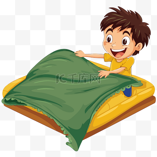 扔剪贴画男孩用毯子盖住床矢量卡通图片