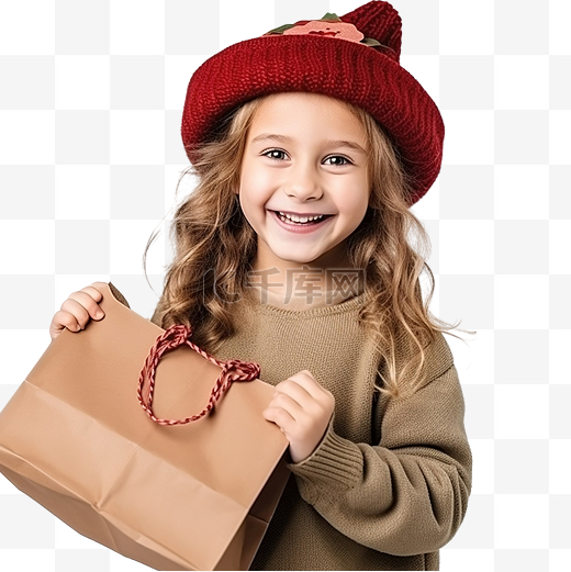一个小女孩手里拿着一袋圣诞礼物，微笑着图片