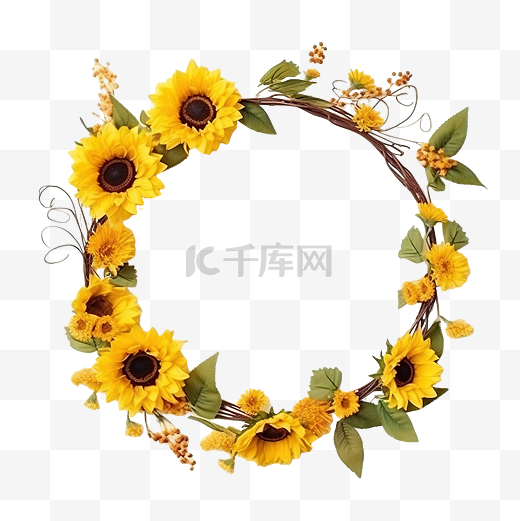 黄色向日葵与干树枝花圈框架花花束图片