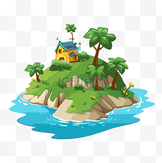 岛屿剪贴画 岛上有一座房子的卡通岛 向量图片