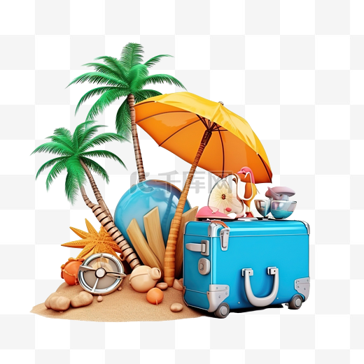 夏季旅行与手提箱沙堡岛伞椰子棕榈树沙滩椅蟹球海豚概念 3D 插图或 3D 渲染图片