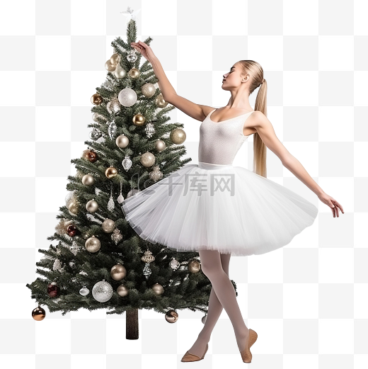 穿着白色芭蕾舞短裙和普安特鞋的女芭蕾舞演员在圣诞树附近跳舞图片