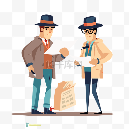 保密剪贴画卡通x严肃的侦探戴着黑白帽子和帽子和文件 向量图片