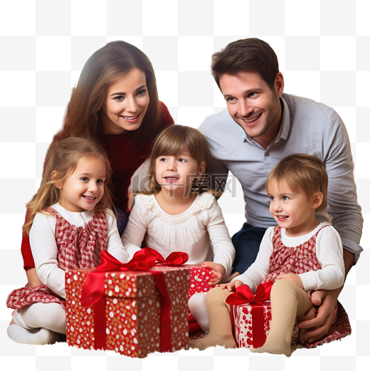 快乐可爱的家庭，有三个孩子在地毯上的圣诞树下交换礼物图片