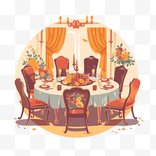 宴会剪贴画感恩节餐桌在一个有椅子卡通的房间里 向量图片