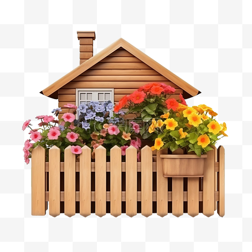 3d 模型木房子与花盆围栏隔离图片