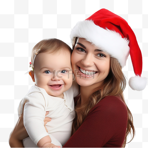 快乐的妈妈和可爱的宝宝戴着圣诞帽庆祝圣诞节图片