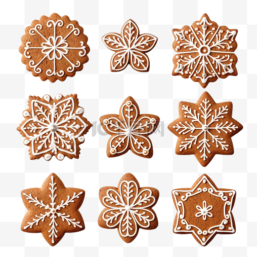 各种各样的圣诞姜饼放在白色的饼干上图片
