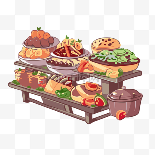 自助餐剪贴画食物表各种菜肴卡通 向量图片
