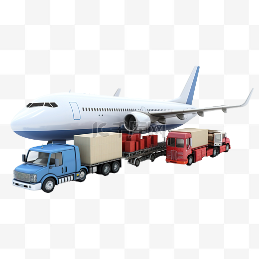 半卡车和货船和飞机与箭头中心和航空货运海运陆路运输概念 3D 插图或 3D 渲染图片
