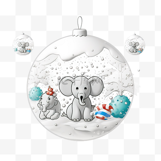 圣诞树球，上面挂着小象和有趣的节日玩具，挂在雪冷杉树枝上图片