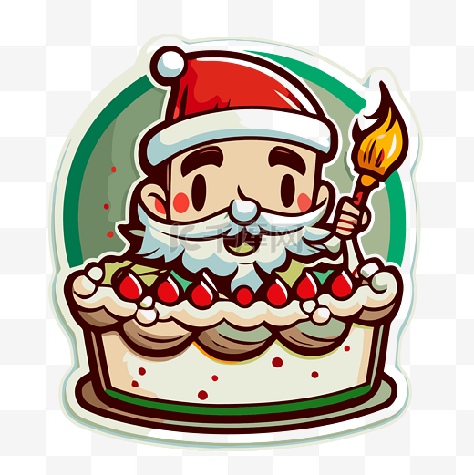 可爱的卡通圣诞老人拿着蜡烛对着圣诞蛋糕剪贴画 向量图片
