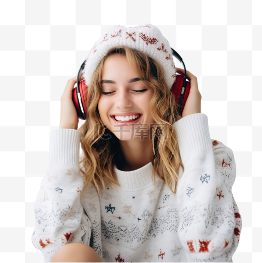 在家戴着耳机听音乐庆祝圣诞假期的女孩图片
