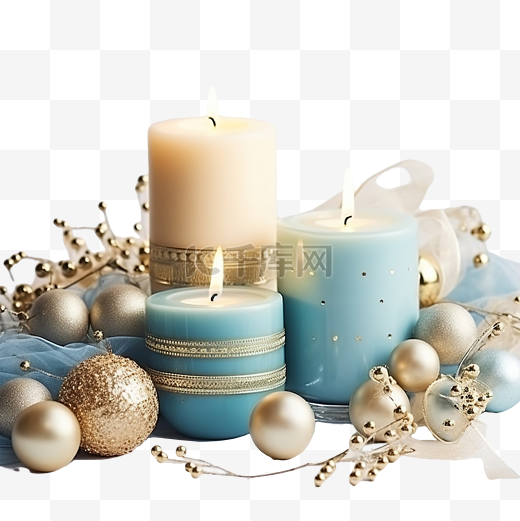 带有蜡烛和蓝色和金色装饰的圣诞组合物图片
