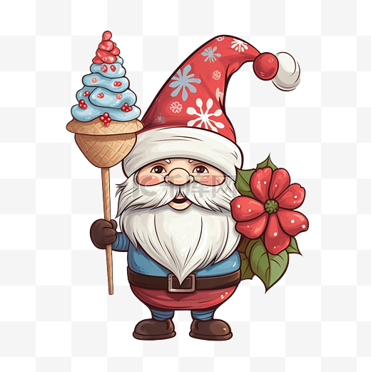 圣诞贺卡上有一个可爱的北欧侏儒，上面有一个大棒棒糖和一品红花图片