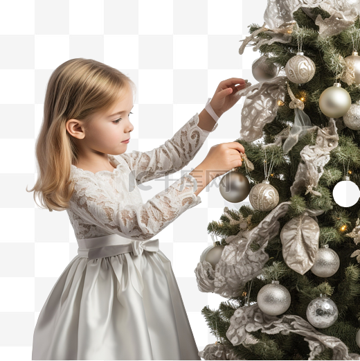 穿着漂亮裙子的小女孩在圣诞树上挂着装饰品图片