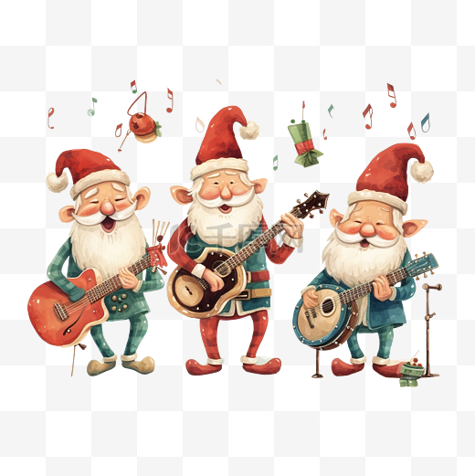 圣诞快乐，圣诞老人和精灵演奏乐器插画图片