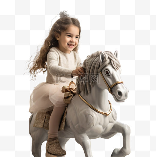 女孩在家里骑玩具马，靠近圣诞树和礼品盒图片