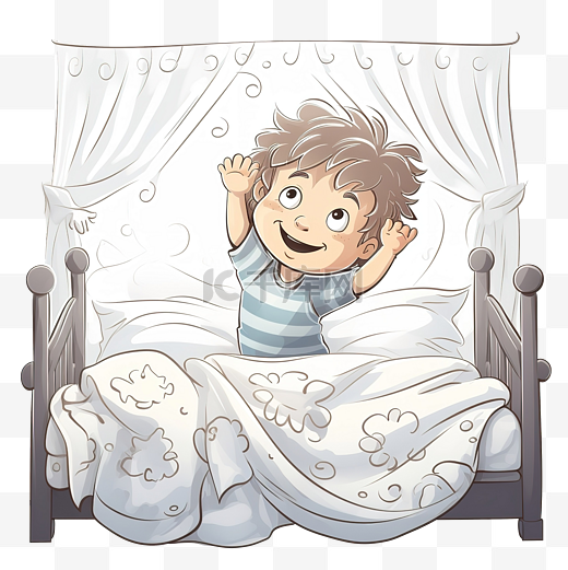 小男孩在小床上睡觉后友好地微笑着醒来并伸展自己图片