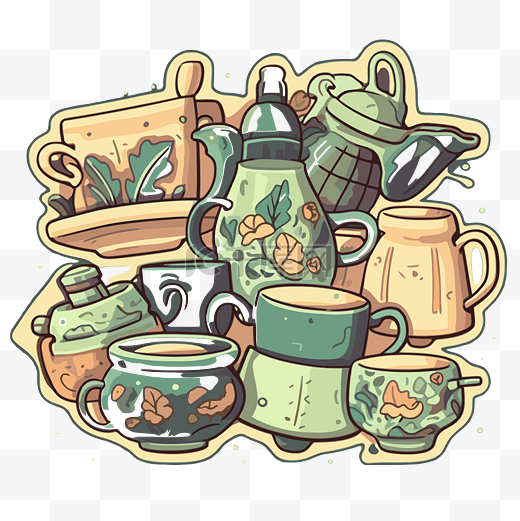 不同的茶壶和杯子与绿色背景剪贴画 向量图片