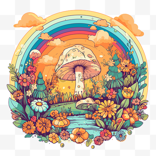 免费波西米亚彩虹剪贴画老蘑菇卡通插图 向量图片