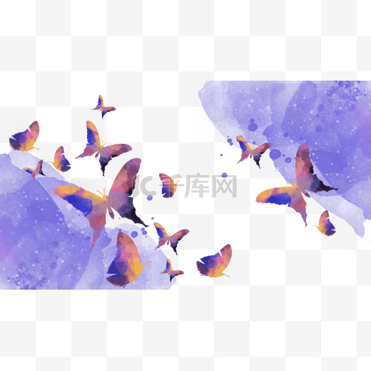 蝴蝶水彩彩色烟雾组合横图紫色梦幻蝴蝶图片