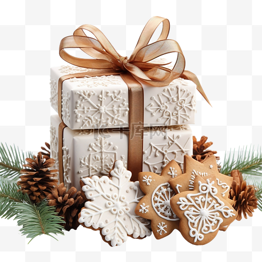 礼品盒圣诞装饰品云杉树枝饼干和雪花图片