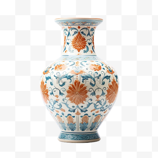 白色背景中突显的复古东方陶瓷花瓶图片
