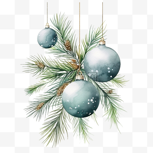 圣诞快乐贺卡，上面有松枝和灰色的圣诞球图片