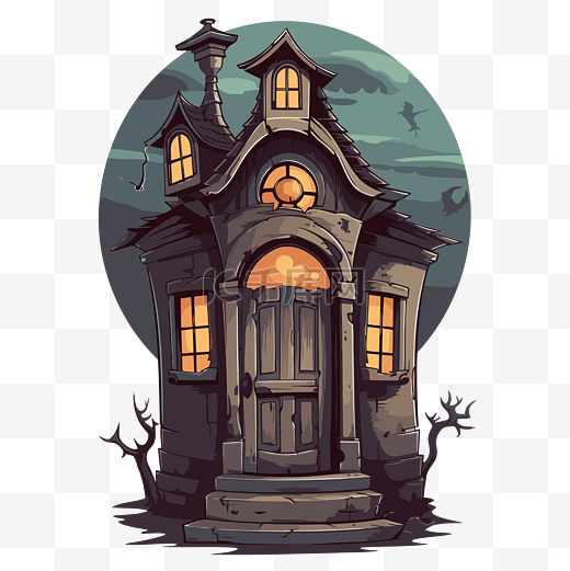 鬼屋门剪贴画卡通女巫的房子在黑暗中，鸟儿坐在台阶上 向量图片