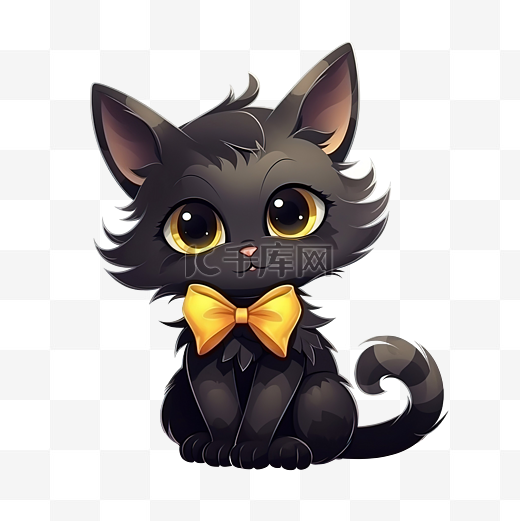 卡通黑猫，带黄丝带，可爱的女巫猫角色，万圣节宠物毛茸茸的猫图片