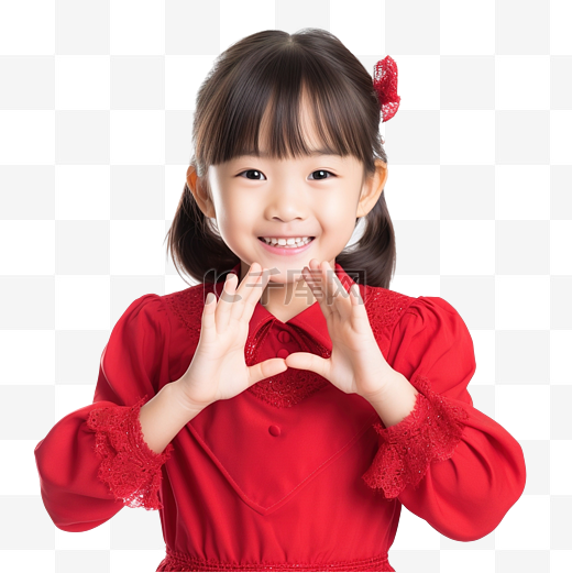 穿着圣诞礼服的可爱亚洲小女孩用手做心形图片