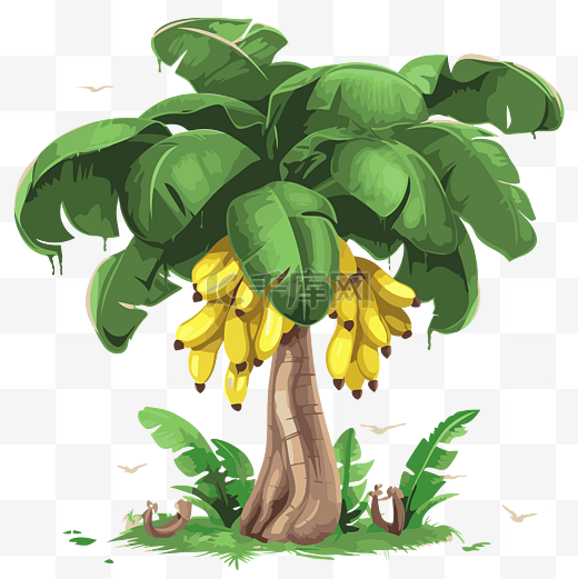 香蕉树剪贴画卡通图像的一棵树和白色背景上的香蕉 向量图片