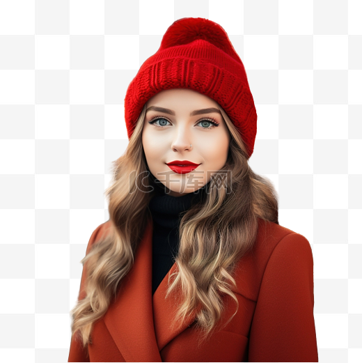 圣诞节街上穿着红色外套和贝雷帽的漂亮女孩图片