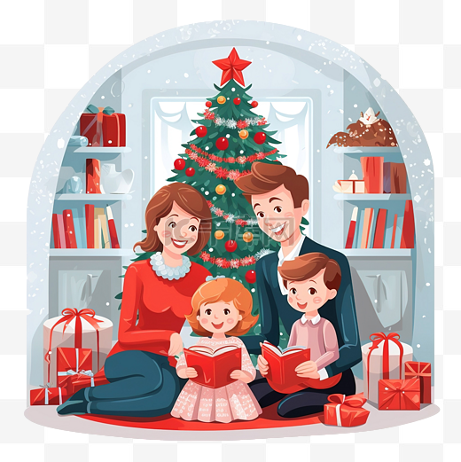 快乐的大家庭坐在圣诞装饰的房子内部图片