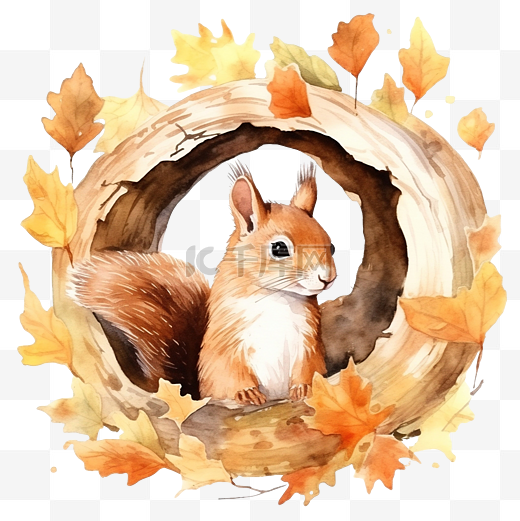 秋季空心树中松鼠的水彩画图片