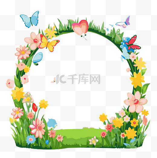 春天边框剪贴画花拱门与蝴蝶和花草卡通 向量图片