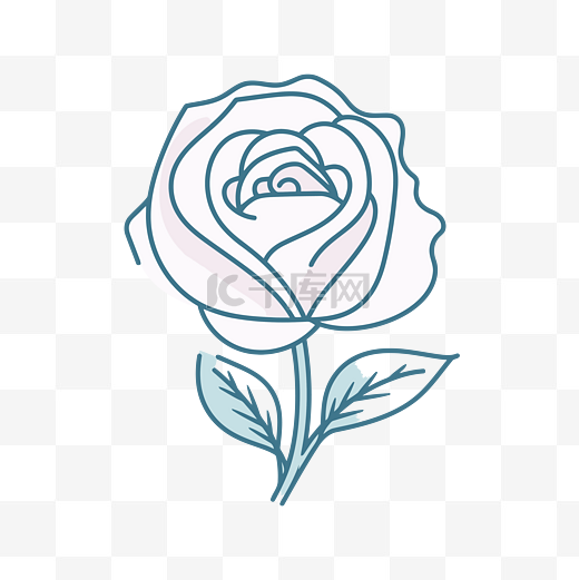 蓝色背景上的简单线条艺术玫瑰 向量图片
