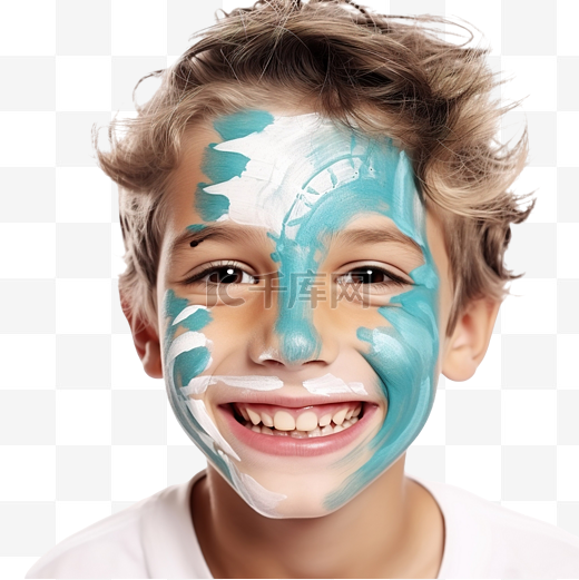 生日或万圣节派对脸部艺术绘画时微笑快乐的孩子与脸部艺术水绿色图片