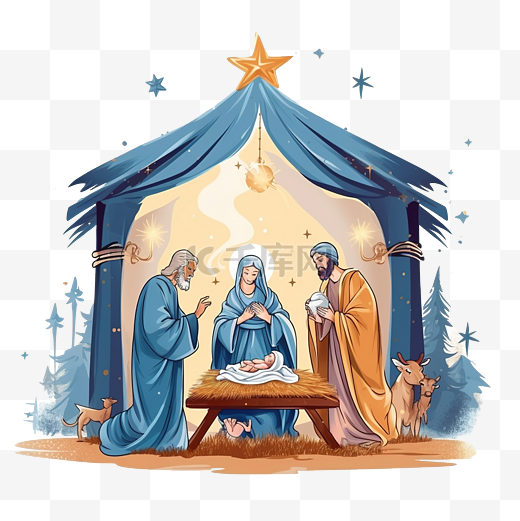圣诞 hygge 室内装饰，配有圣诞圣诞场景神圣家族和三位智者图片