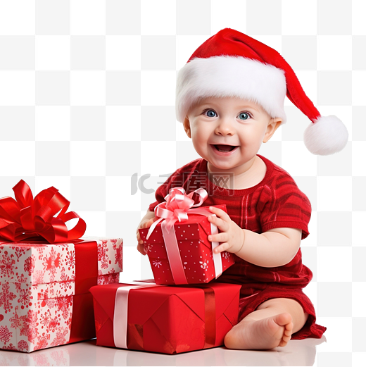 快乐漂亮的宝贝，穿着红色连衣裙，带着圣诞礼物图片