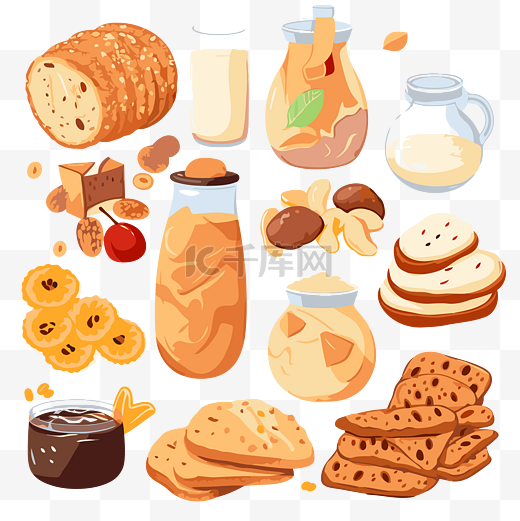 碳水化合物剪贴画多种类型的烘焙食品和面包卡通 向量图片