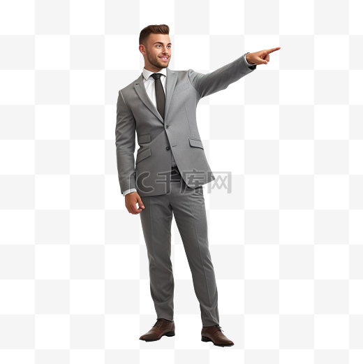 穿着灰色背心套装的商人指着并推荐姿势 穿着灰色背心套装的商人指向上方的 3D 插图图片