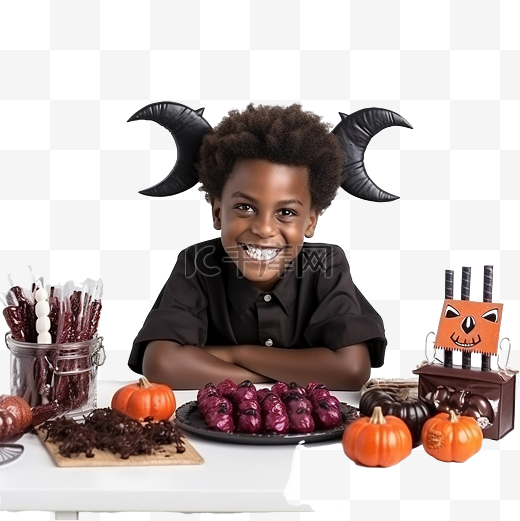 微笑可爱的黑人男孩，长着魔鬼角，站在柜台上，手里拿着各种万圣节糖果和吃东西图片