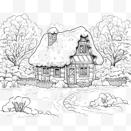 雪下茅草屋顶小乡村别墅的黑白矢量图图片