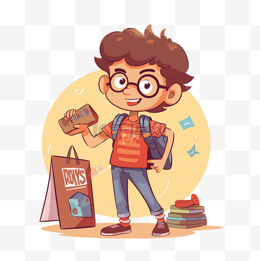 购买剪贴画卡通男孩拿着一个购物袋，里面有书和一袋书，适合一天的商店 向量图片