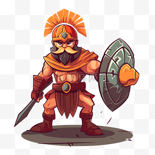 斯巴达剪贴画卡通设计的古希腊武士手持剑和盾牌 向量图片