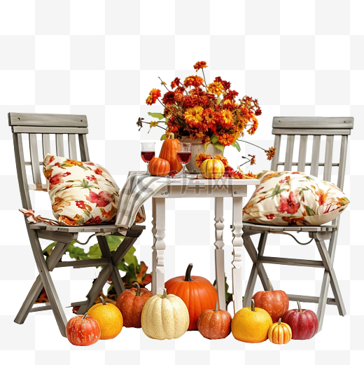 秋天院子里的花园桌椅，上面有苹果和南瓜图片