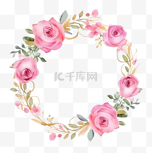水彩粉红玫瑰，带金色花环框架和闪光图片