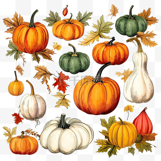 感恩节时尚的组合，秋天的色彩和不同的南瓜套装图片